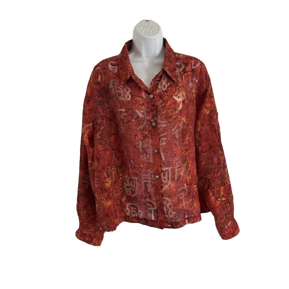Chico's Sz 3 Sheer Linen Blend Shirt Large Red Asian Print Button Front Blouse